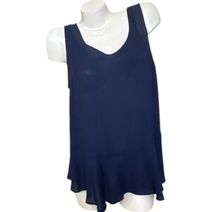 VINCE CAMUTO Navy Semi-sheer Round-neck Women's Sleeveless Peplum Hemmed Blouse